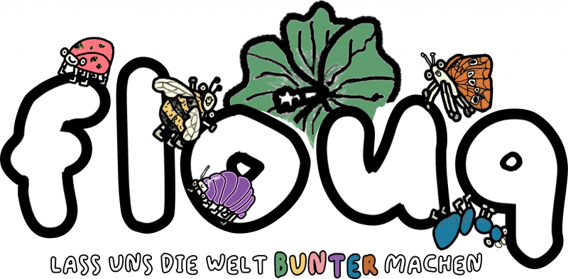 Das Logo von „flouq“ ist geschrieben mit einer Blume und fünf symbolischen Insekten: einer Hummel, einer Ameise, einem Assel, einem Schmetterling und einem Marienkäfer.
