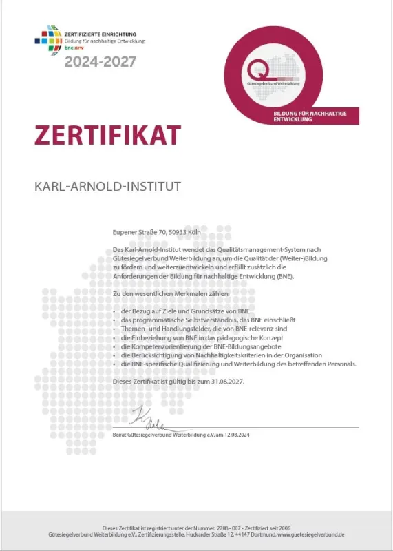 Zertifikat des Bildungswerks der Karl-Arnold-Stiftung