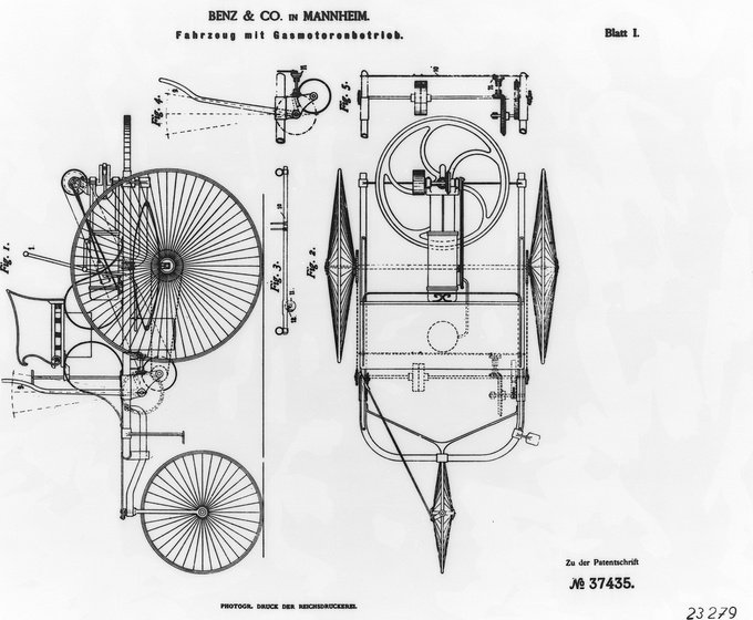 Abbildung einer technischen Zeichung als Teil des Benz-Patents von 1886 © Mercedes-Benz AG