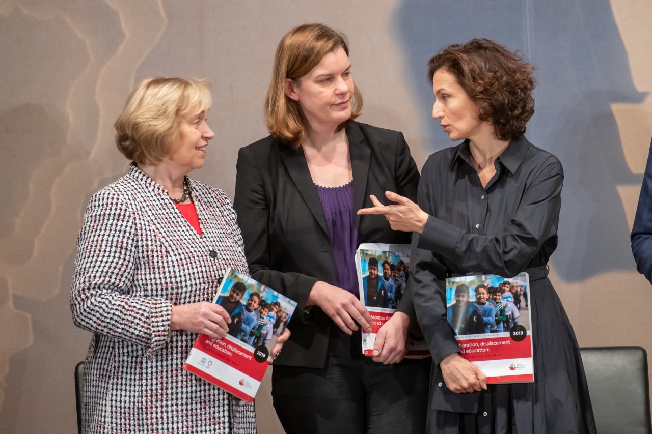 Prof. Dr. Maria Böhmer (Präsidentin Deutsche UNESCO-Kommission), Susanna Krüger (Geschäftsführender Vorstand, Save the Children Deutschland), Audrey Azoulay (UNESCO-Generaldirektorin)