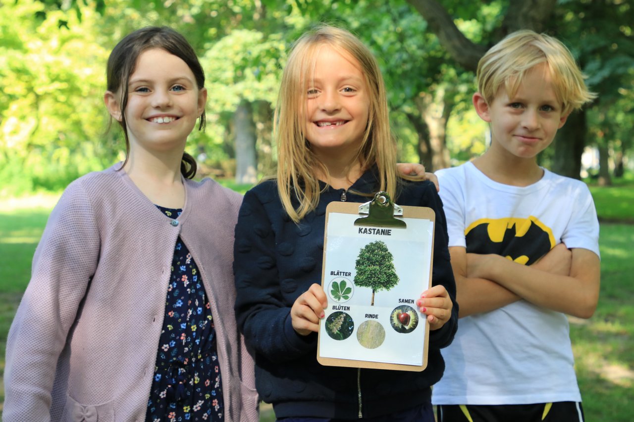Drei Grundschulkinder halten die Beschreibung einer Rosskastanie vergnügt in die Kamera.