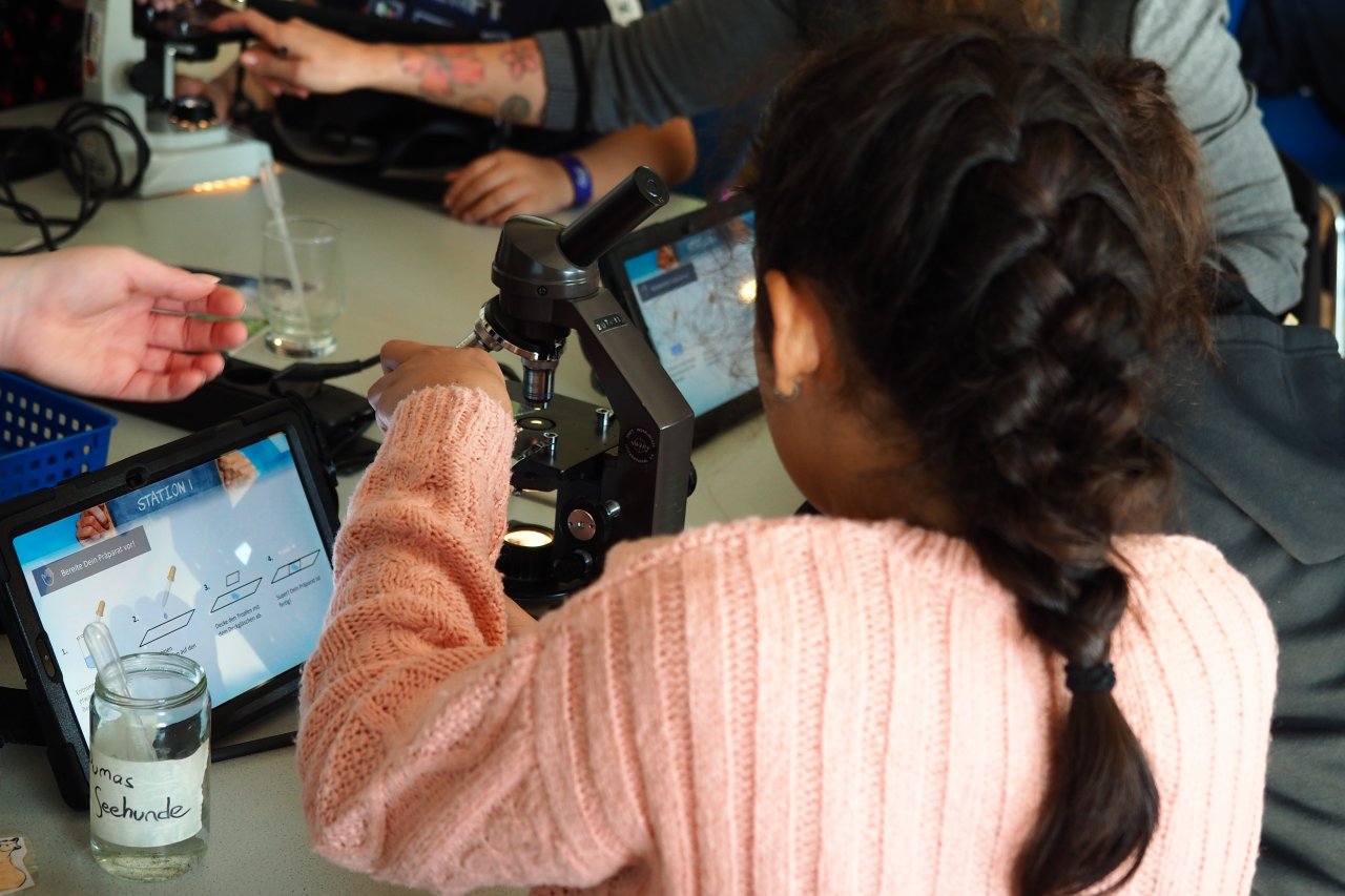 Ein Mädchen mikroskopiert in der Zooschule.