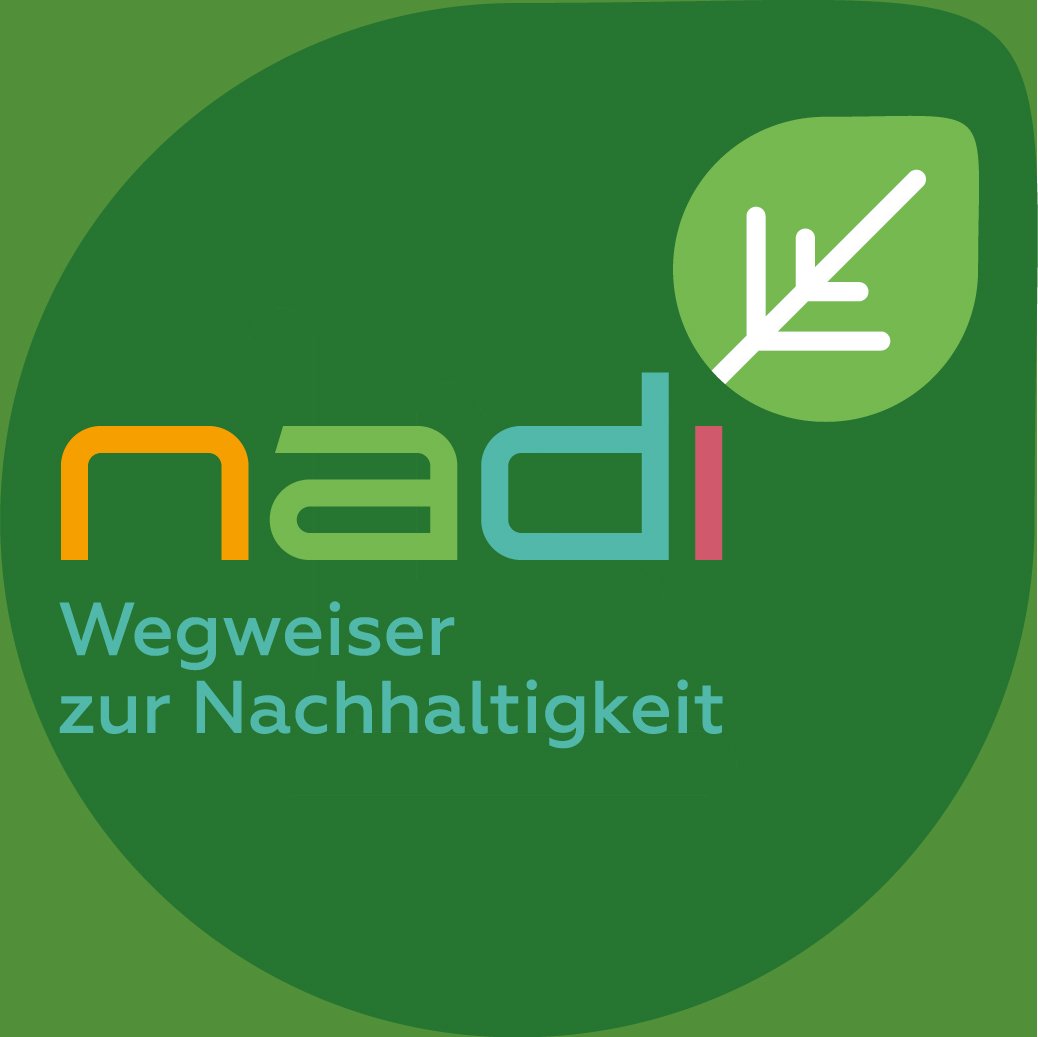 Schriftzug NaDi - Wegweiser zur Nachhaltigkeit auf grünem Grund mit grünem Blatt.