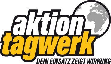 Großer Schriftzug "Aktion Tagwerk-Dein Einsatz zeigt Wirkung" vor einer Weltkugel