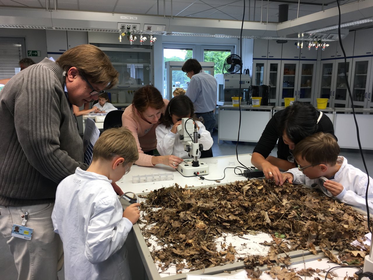 Kinder in Laborkitteln untersuchen in einem Naturwissneschftlichen Labor Laubstreu, das auf einem Labortisch verteilt ist. Einige erwachsene unterstützen sie dabei..