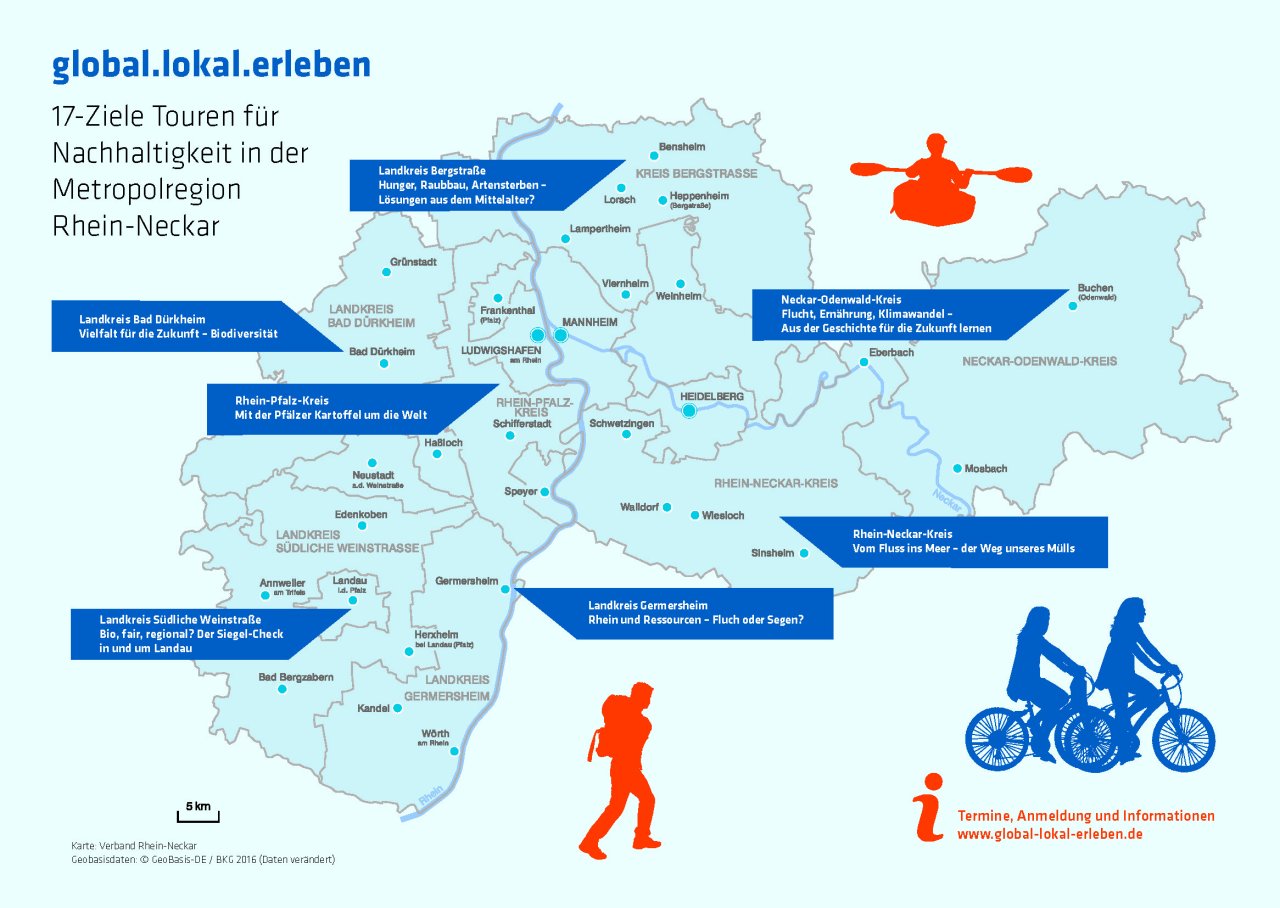 Grafik einer Kartenabbildung mit Zeichnung eines Kanus, eines Wanderers und zwei Radfahrer