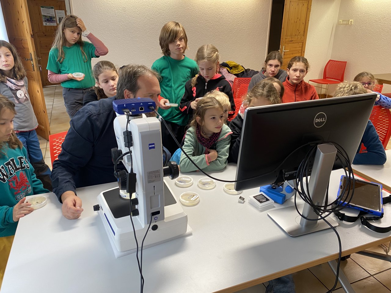 Kinder untersuchen Bodenbakterien mit Mikroskop
