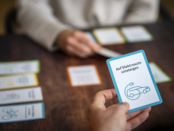 Klimawaage-Kartenspiel auf dem Tisch ausgebreitet