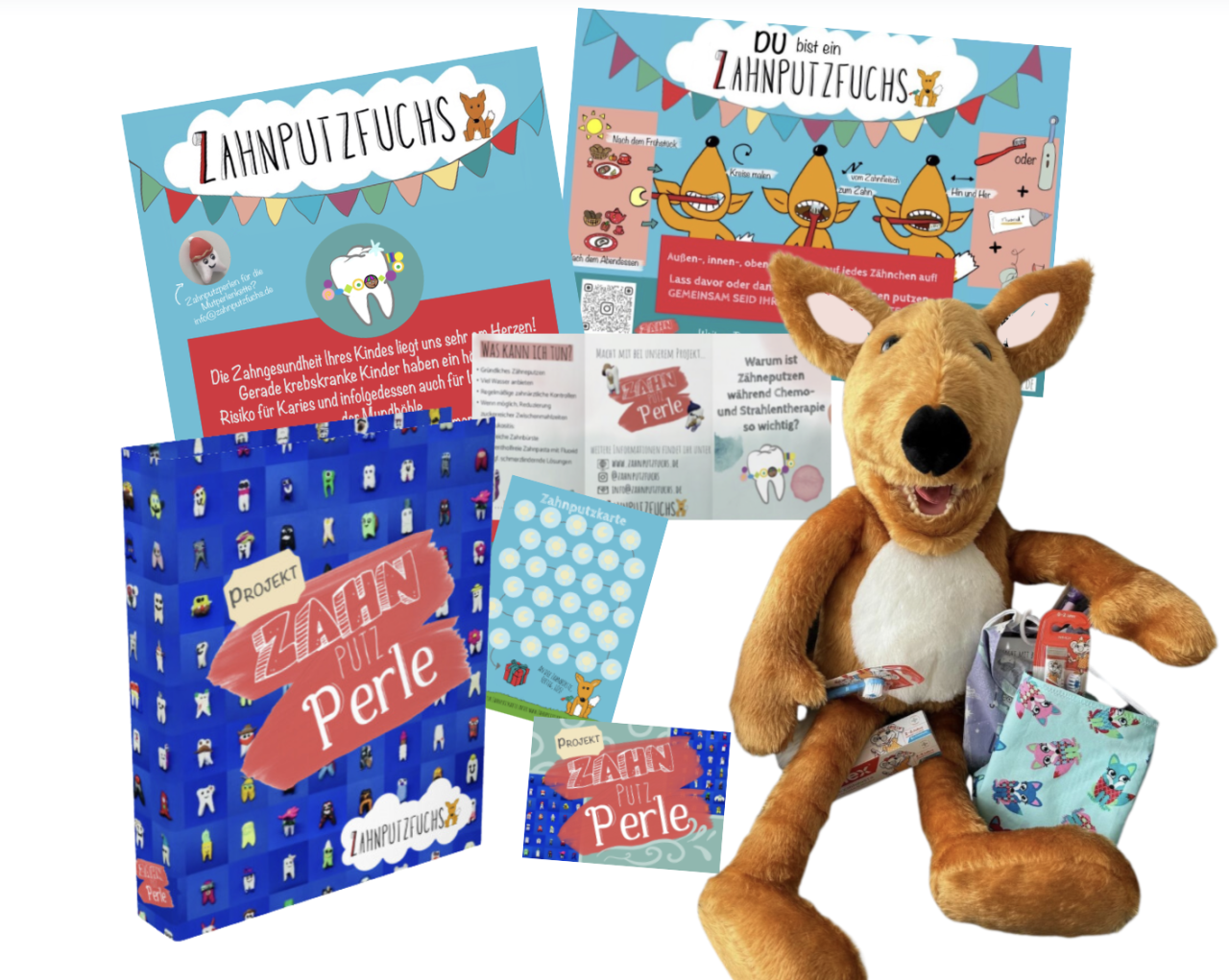 Der Zahnputzfuchs und didaktische Materialien (Materialordner, Stempelkarten, Infobroschüren und Flyer für Eltern und medizinisches und pädagogisches Fachpersonal)