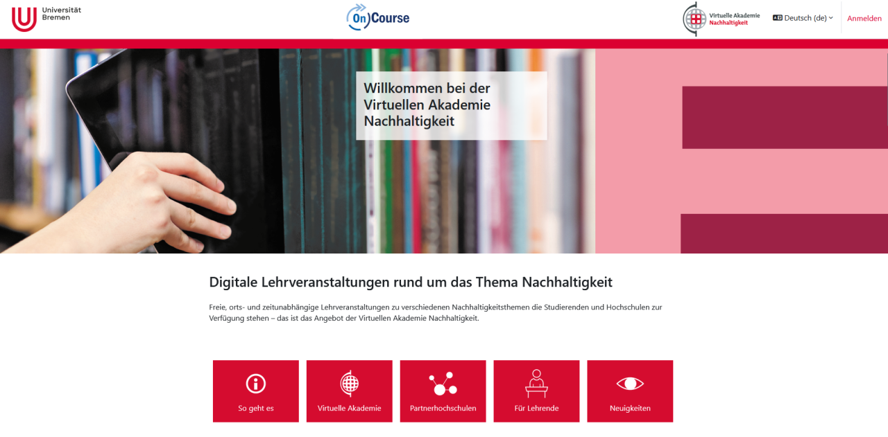 Startseite der Lernplattform der Virtuellen Akademie Nachhaltigkeit