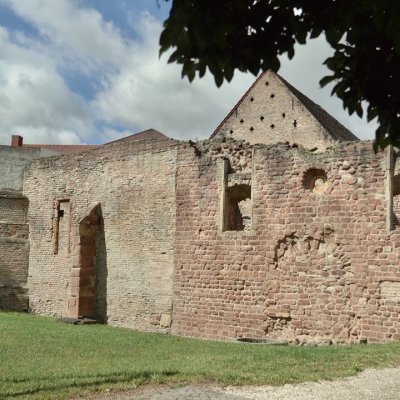 Sicht auf ein altes Steingemäuer, das Teil der Speyerer Synagoge ist.